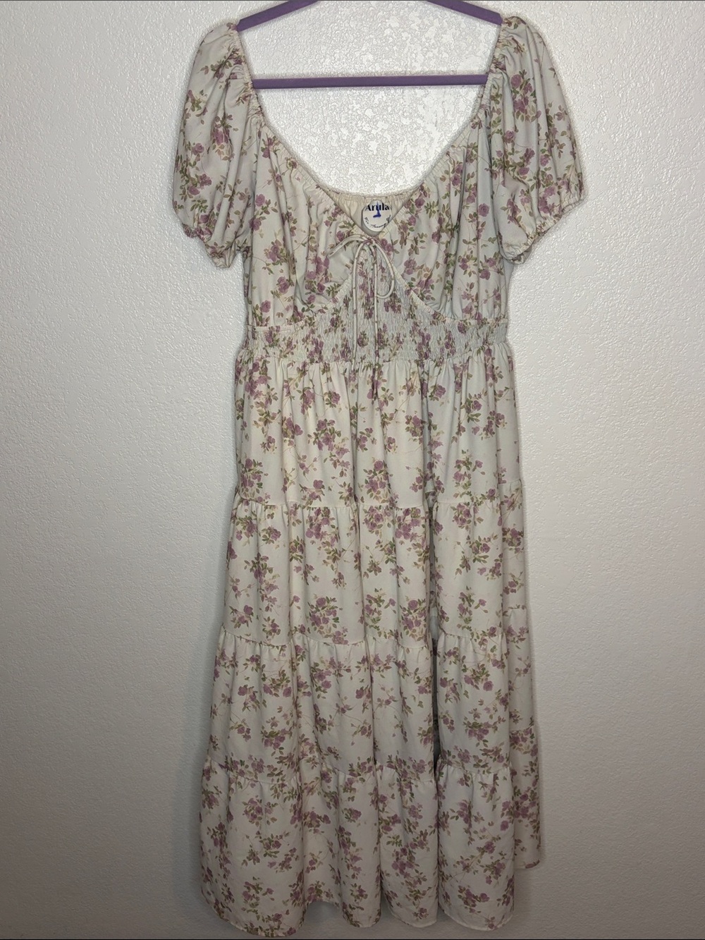 Altar’d State Arula Purple Floral Milkmaid Midi Dress Smocked Detail Size A (1X)